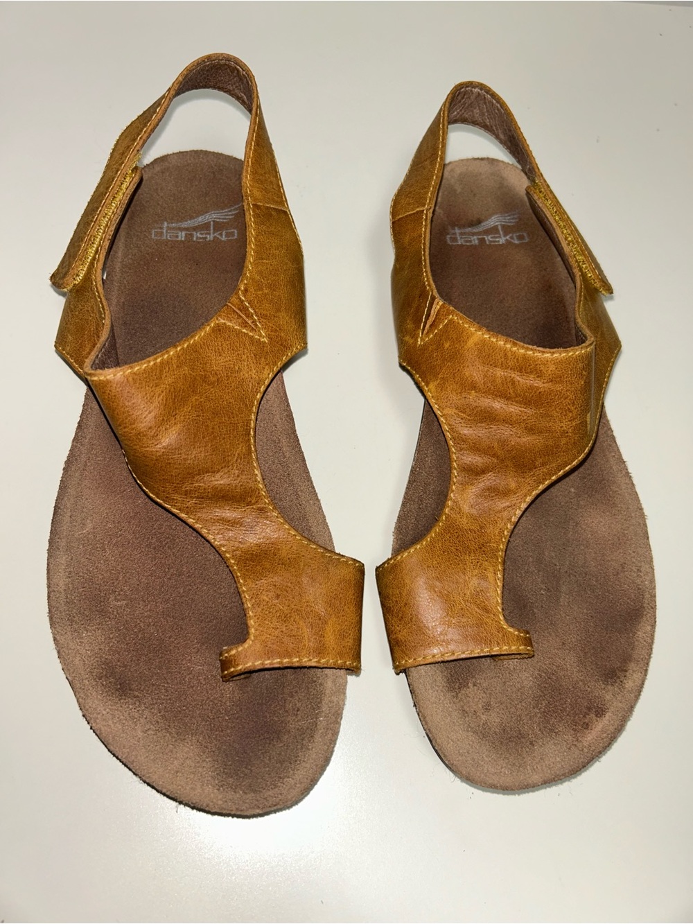 Dansko Reece Distressed Honey Leather Toe Loop Hook Loop Strap Sandal